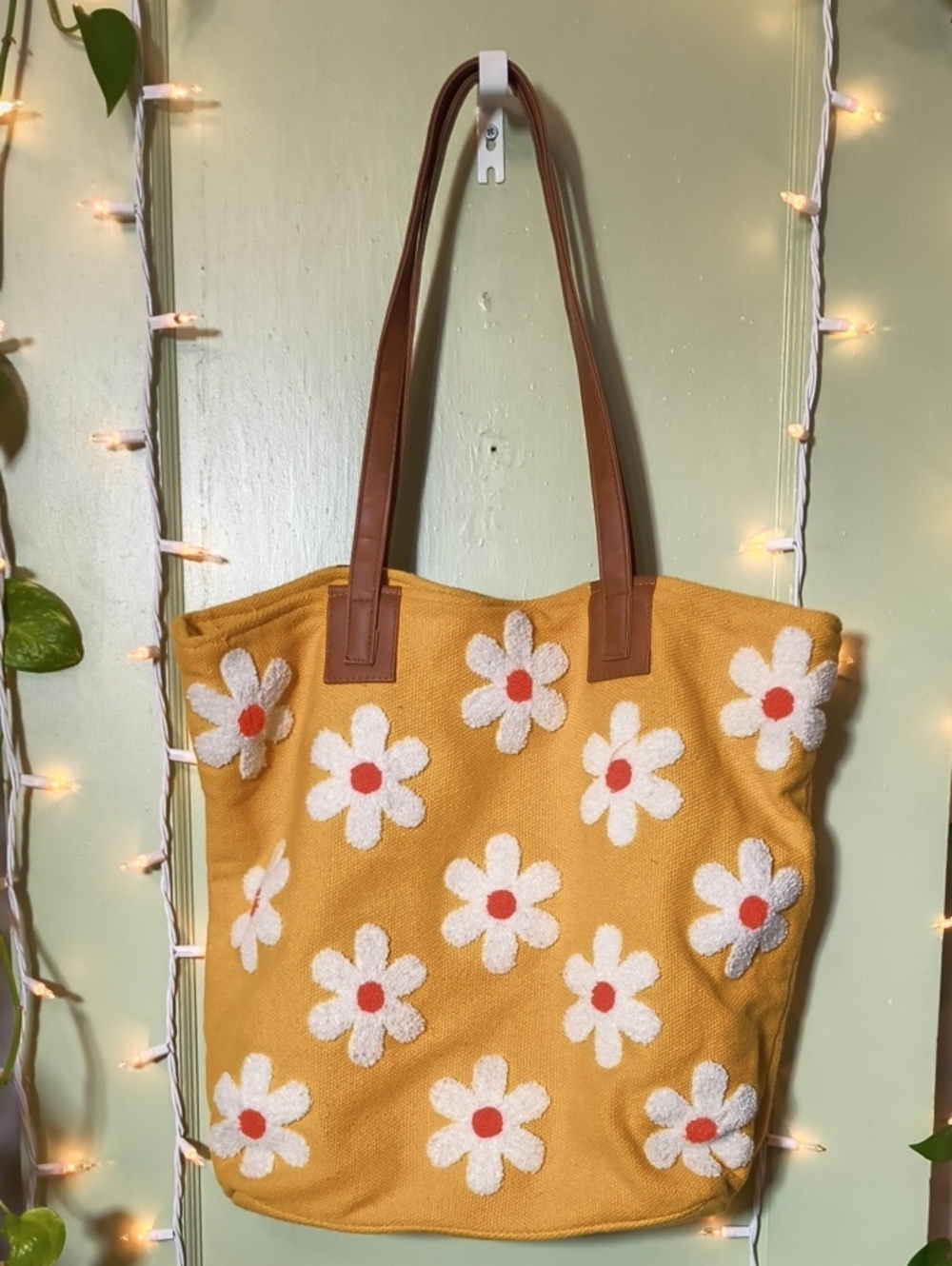 Women's Daisy White Orange Flower Mustard Cognac Heavy Canvas Tote Bag